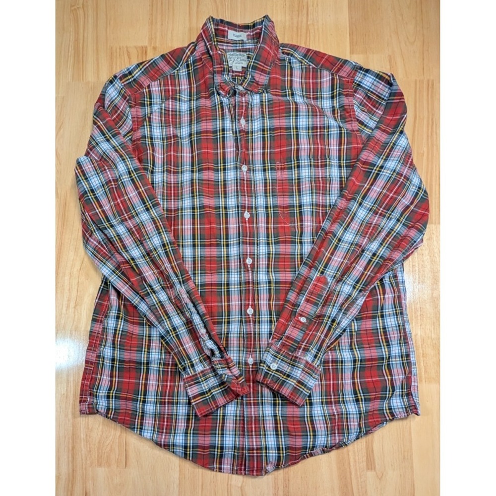 J Crew Secret Wash Shirt Mens Large Red Plaid Button Up Stretch Cotton